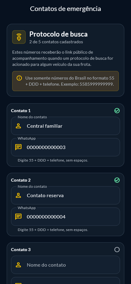 Tela demonstrativa de contatos autorizados para protocolo de busca no PRS Tracking