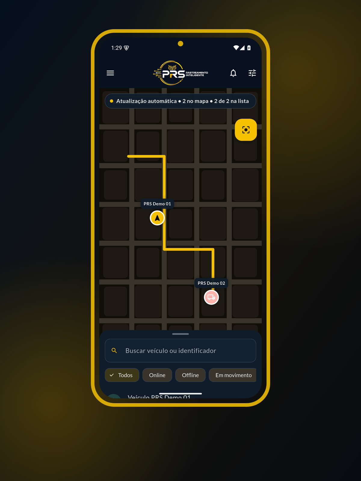 Demonstração do mapa do aplicativo PRS Tracking com veículos fictícios
